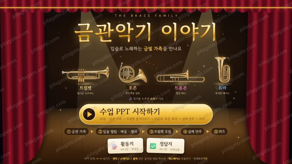 [음악 수업] 입술로 노래하는 금빛 가족 '금관악기 이야기' 감상 및 활동 세트 - HTML PPT + 활동지 + 답지