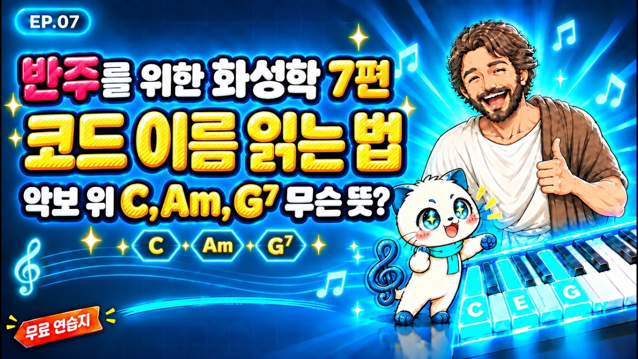 코드 이름 읽기: C, Am, G7 — 알파벳·m·7만 알면 어떤 코드든 읽어요 | 피타가토 화성학 7편